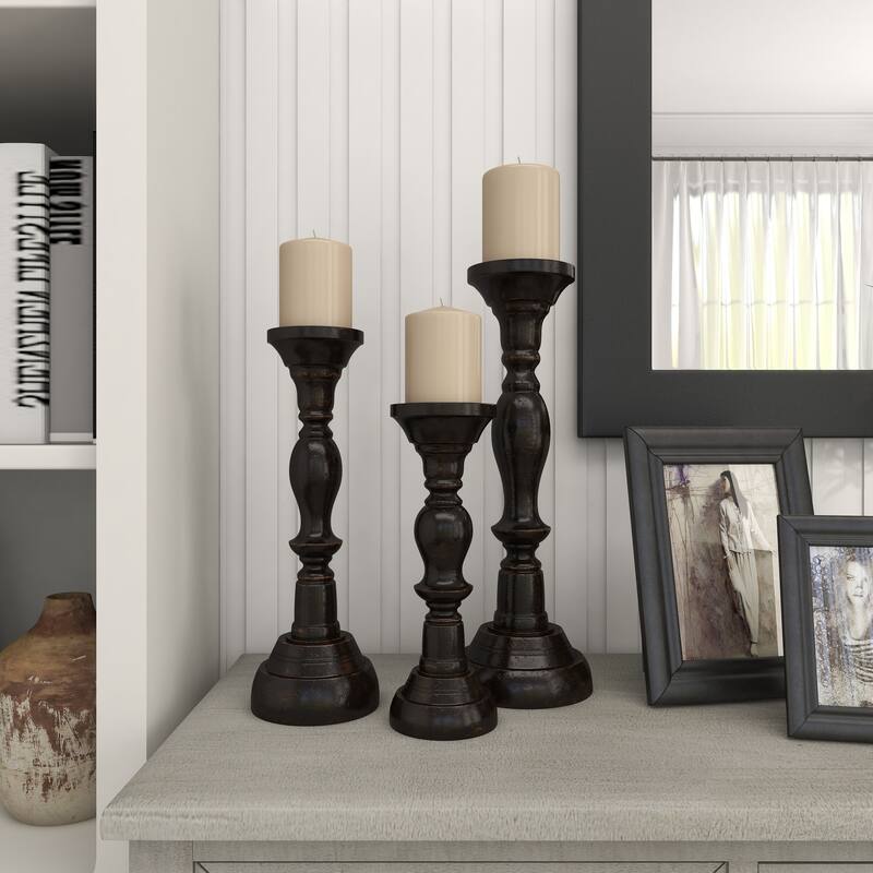 Black Mango Wood Farmhouse Candle Holder (Set of 3) - S/3 18", 15", 12"H
