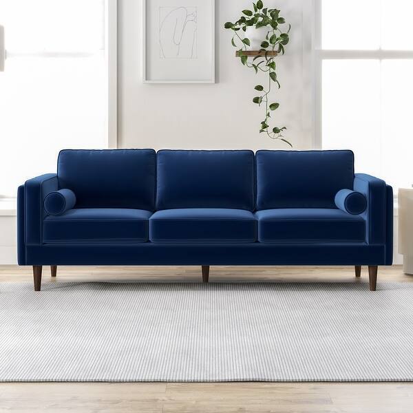 slide 1 of 7, Flavia Mid-Century Modern Pillow Back Velvet Sofa in Blue - 33" x 88" x 34" Blue