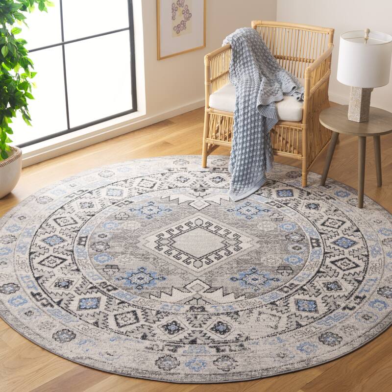 SAFAVIEH Odyssey Kadire Boho Distressed Rug - 6'7" Round - Grey/Light Blue