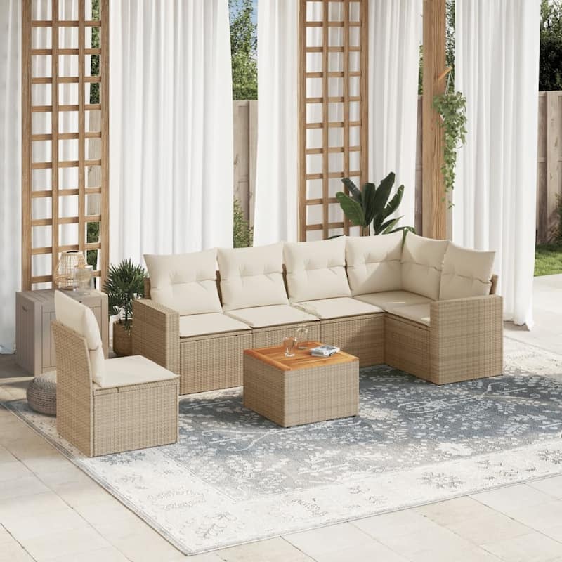 vidaXL Patio Sofa Set with Cushions Outdoor Furniture 7 Piece Poly Rattan - 21.7 x 21.7 x 14.6 - Beige-3x middle+Table+corner