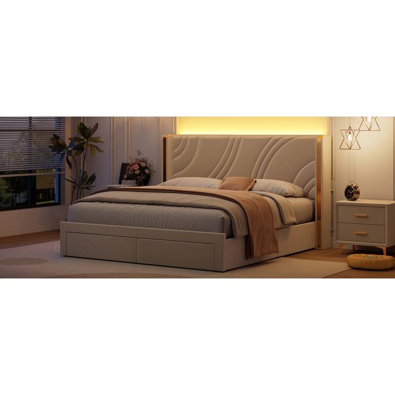 Modern Wingback Bed Frame with Storage Drawers RGB Light