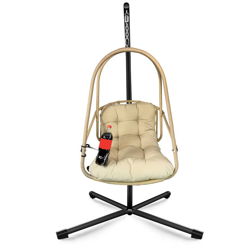 Swing Egg Chair with Stand Indoor Outdoor Wicker Rattan Patio Basket Hanging Chair with C Type bracket,with cushion and pillow - Beige+Brown