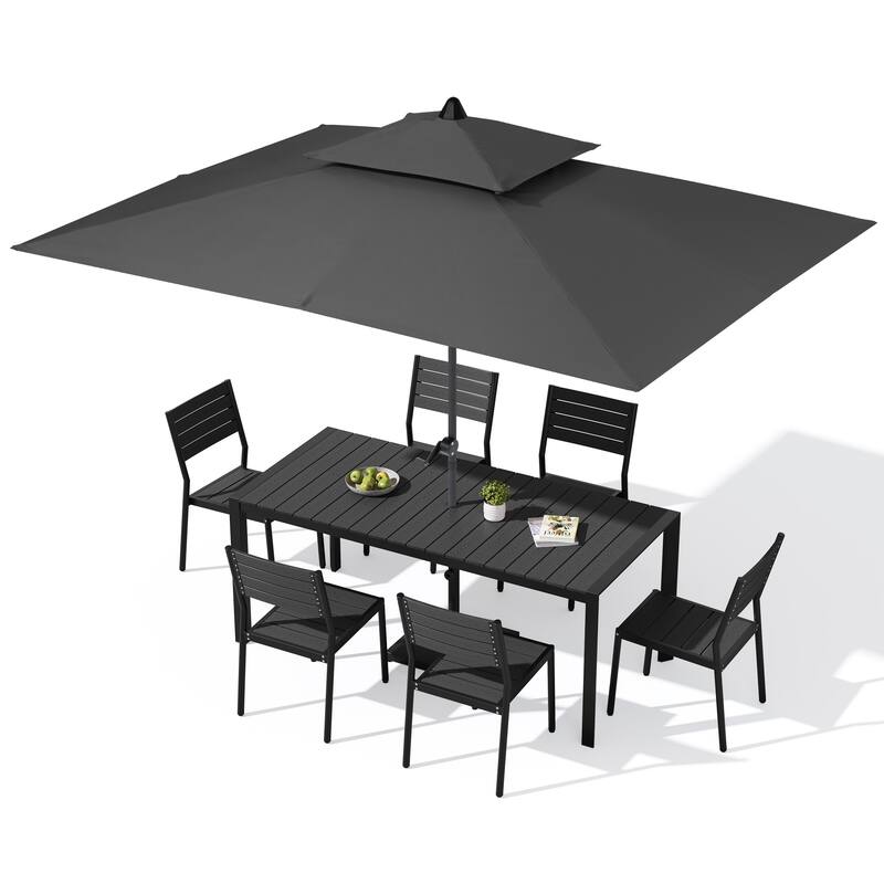 9/11-Piece Outdoor Dining Set w/10 ft Umbrella and Base Aluminum Dining Table and Stackable Chairs