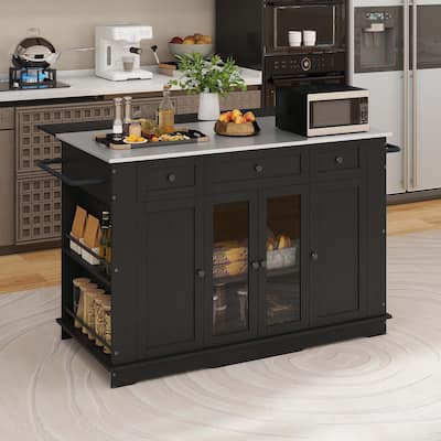Moasis Kitchen Island on Wheels with Stainless Steel Top & Drop Leaf, Large Rolling Mobile Center Island