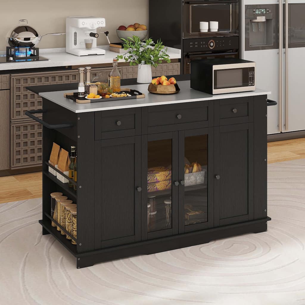 Moasis Kitchen Island on Wheels with Stainless Steel Top & Drop Leaf, Large Rolling Mobile Center Island