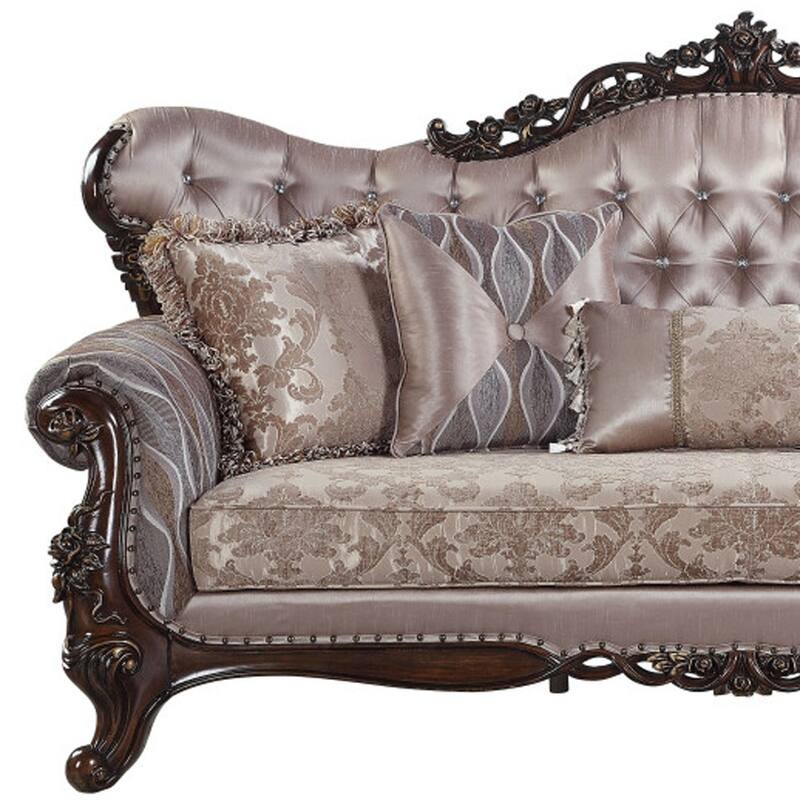 HomeRoots 92" Champagne Imitation Silk Damask Sofa And Toss Pillows - 92