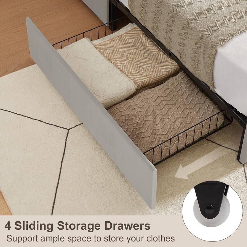VECELO Upholstered Storage Bed Frame with 2 Side USB Ports and 4 Big Space Drawers, Velvet Headboard and Charging Station-Ports