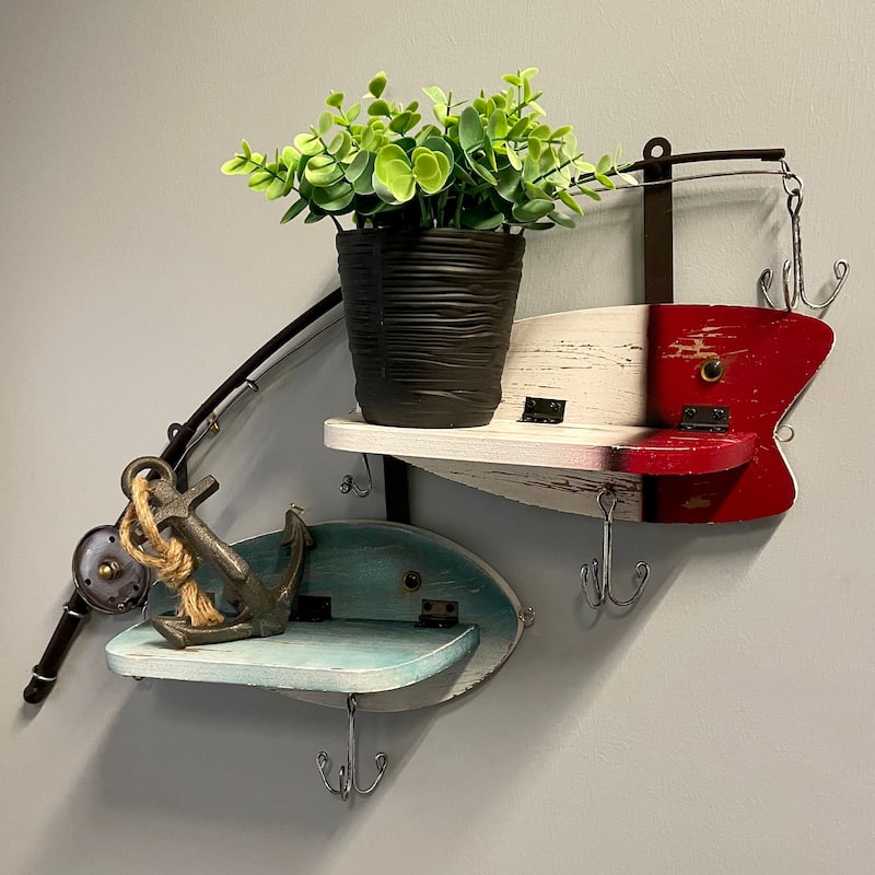 24 Inch Wood & Metal Fishing Pole Decorative Wall Shelf - 16 X 24 X 4.5 inches