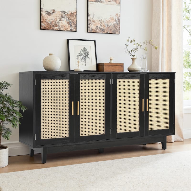 Rattan Accent Cabinet Storage Sideboard Buffet with 4 Doors - Black