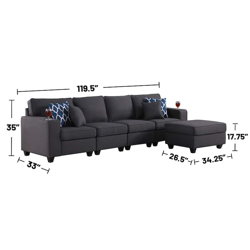 Linen Upholstered 4-Seater Sofa with Ottoman in Dark Gray