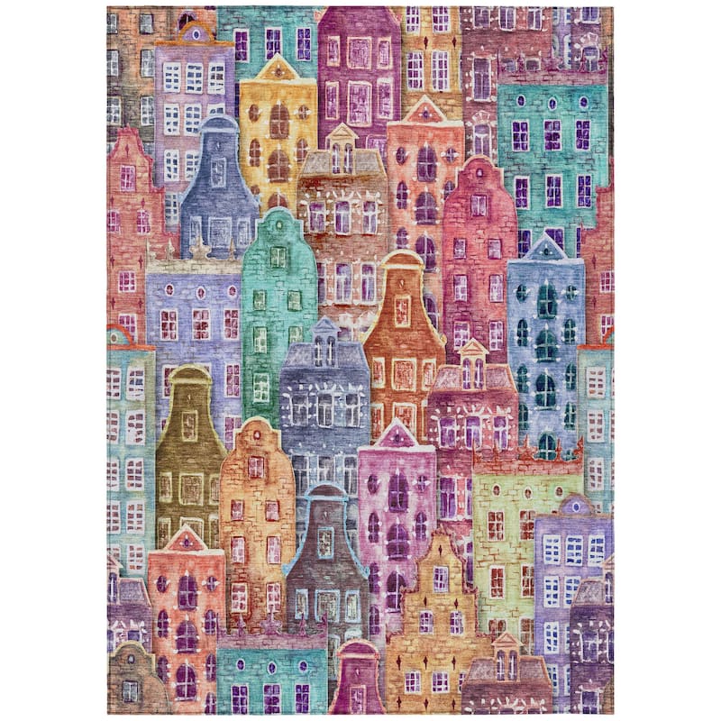 HomeRoots Village Houses Transitional Rectangle Outdoor Rug