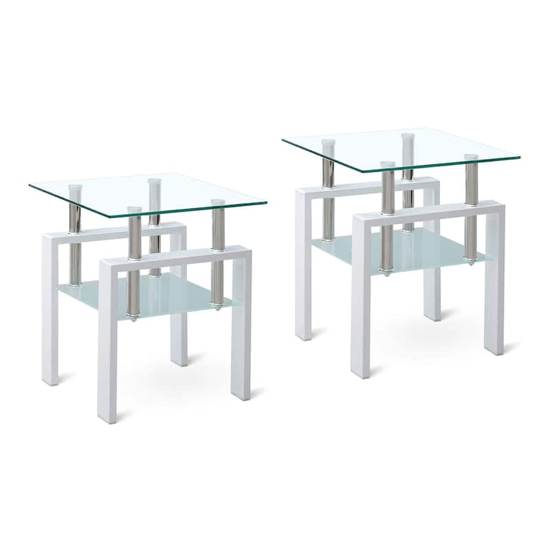 HomeRoots Set of Two Clear and White Glass and Metal Square End Tables With Shelf - 17.71 in. x 20.47 in. x 17.71 in.