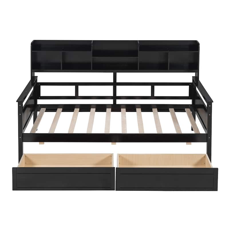 Twin size Daybed,Wood Slat Support,w/Bedside Shelves and Two Drawers