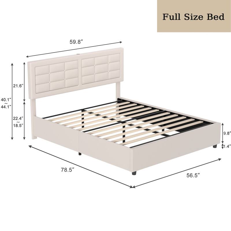 VECELO Bed Frame with USB and Type C Ports, Adjustable Tufted Button Headboard, Upholstered Platform Bed Frame