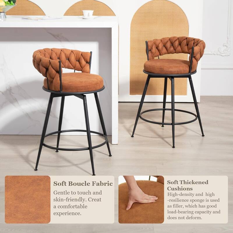 XINMICS 360° Swivel Bar Stools, 24 Inches Modern Counter Height Bar Stools with Woven Back, Upholstered Suede Tall Barstools