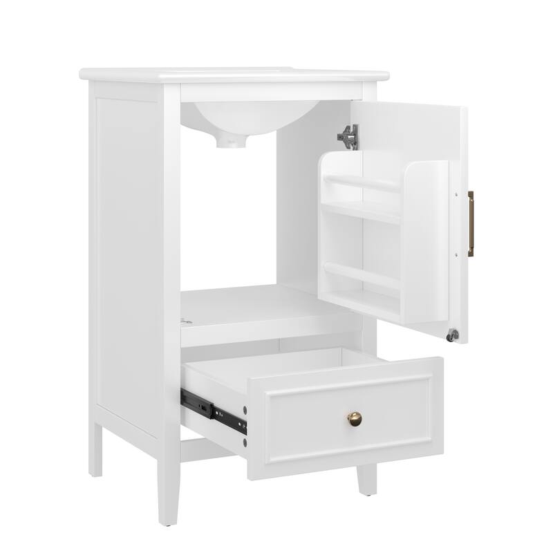 20" Bathroom Vanity with Sink, Bathroom Cabinet with A Door, Door Shelf Storage and Adiustable Foot Pads, A Drawer, White