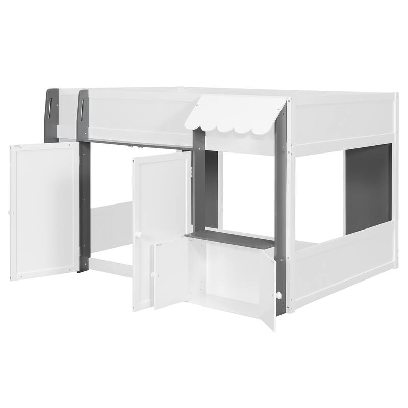 Full Loft House Bed with Playhouse & Storage, Modern Wood Cabin Bed for Kids