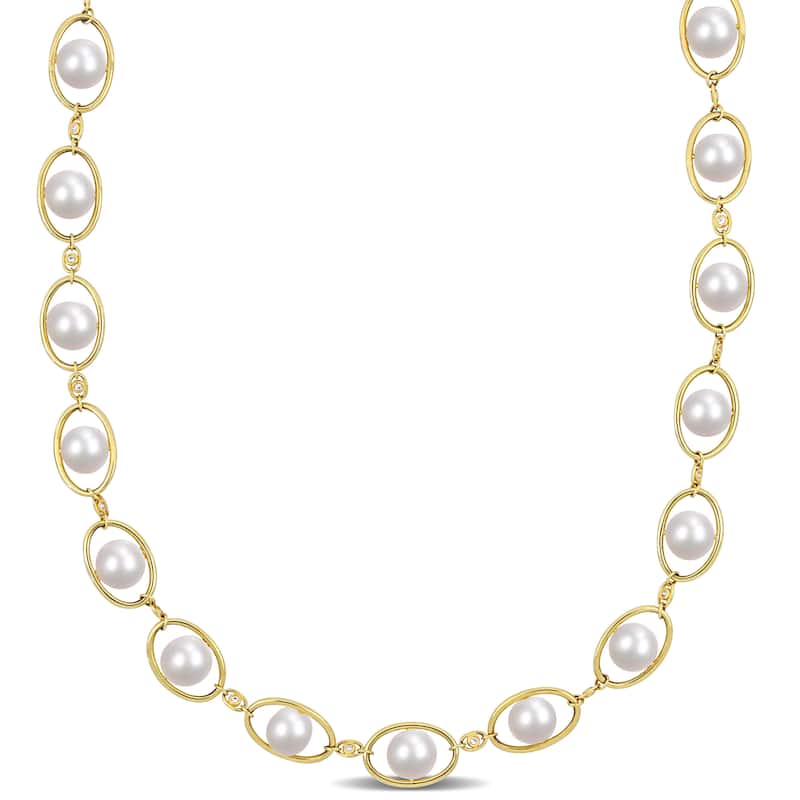 Miadora 8-8.5mm Cultured Freshwater Pearl and 1/3ct TGW Cubic Zirconia Halo Yellow Silver