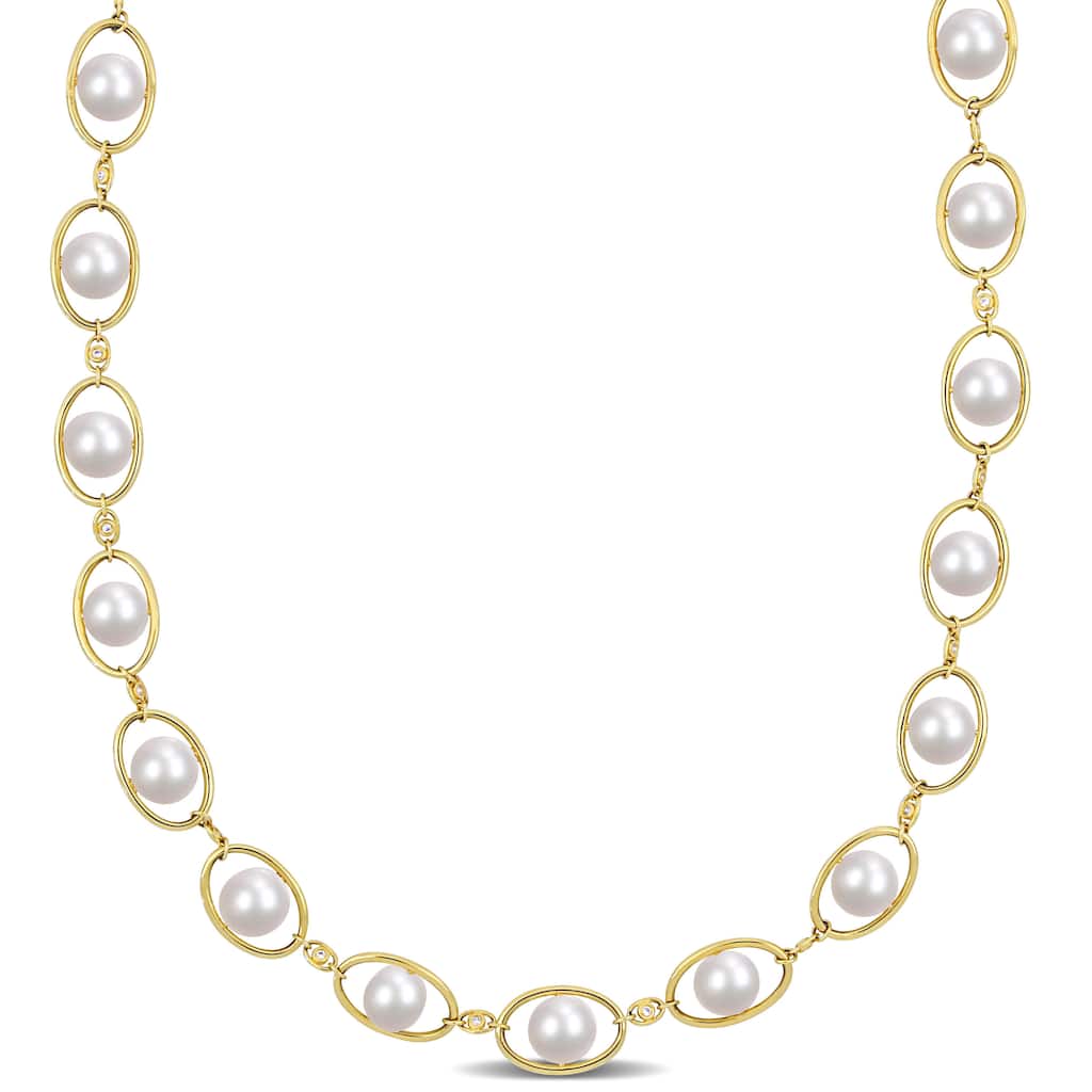 Miadora 8-8.5mm Cultured Freshwater Pearl and 1/3ct TGW Cubic Zirconia Halo Yellow Silver