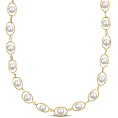 Miadora Freshwater Cultured Pearl & 1/3ct TGW CZ Necklace in Yellow Plated Sterling Silver (8-8.5mm)