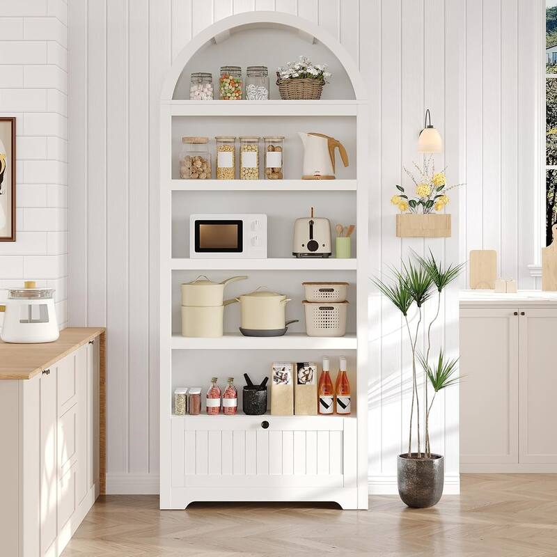 72 in 5-Tier Freestanding Arched Bookcase, Pantry Cabinet for Living Room, Office, Kitchen