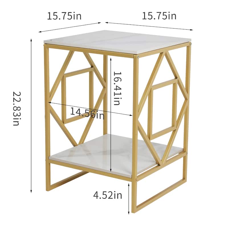 Metal Geometric-Base 2-Tier Sintered Stone End Side Table