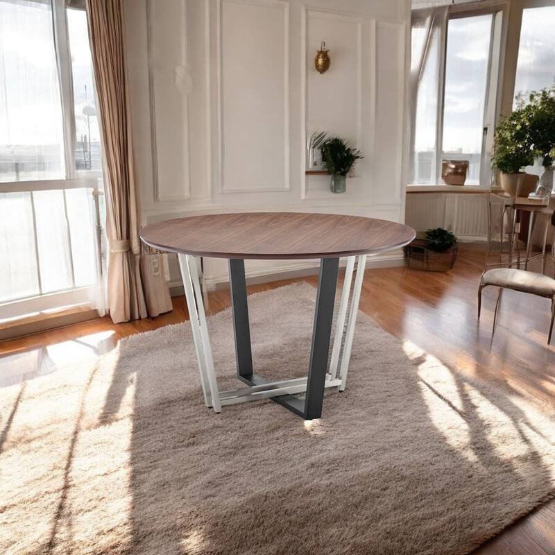 48" Brown And Black Iron Sled Base Round Top Dining Table - Brown