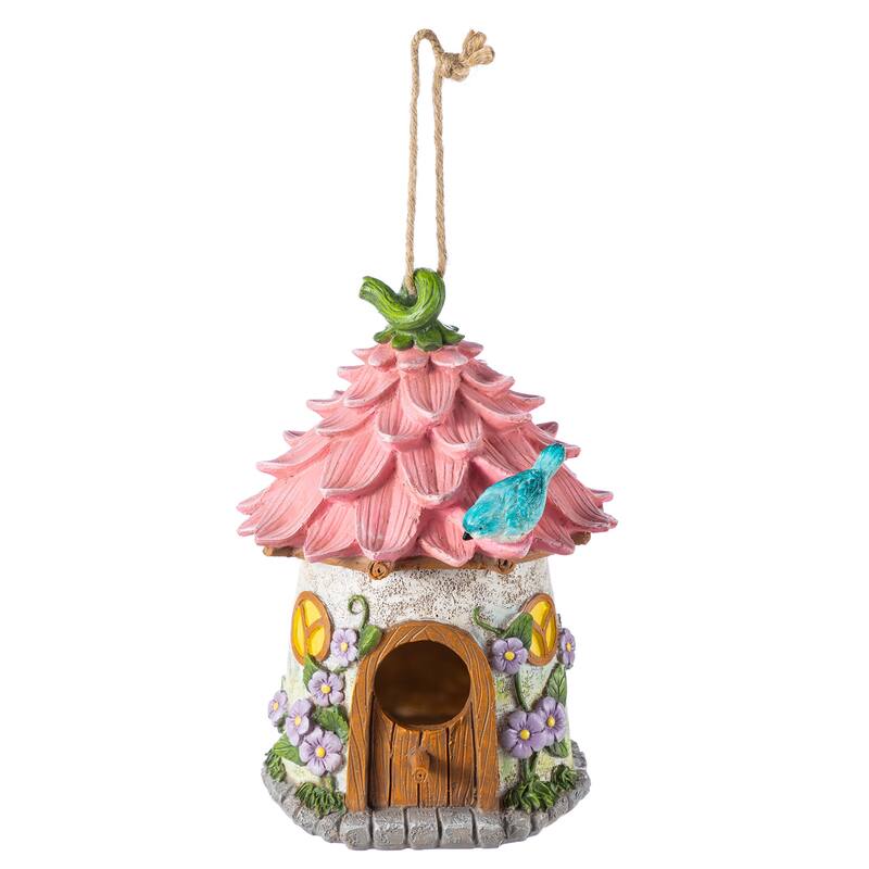 Glitzhome 9''H Resin Pink Yellow Roof Outdoor Garden Birdhouse