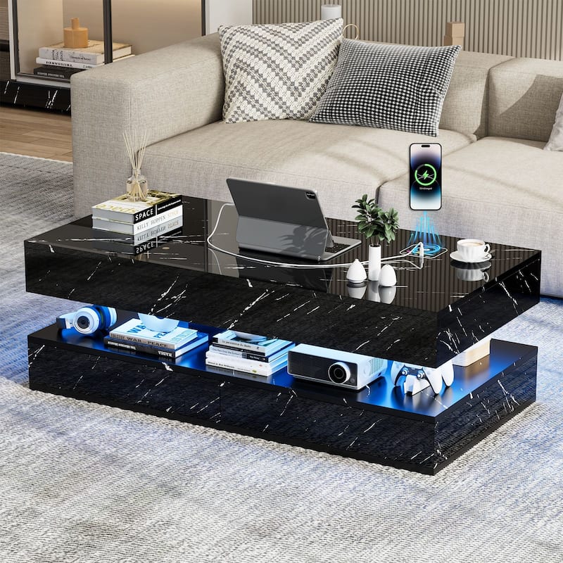 Smart LED Coffee Table 47.2" with Bluetooth Speaker & Wireless Charging, Modern White Marble Center Table