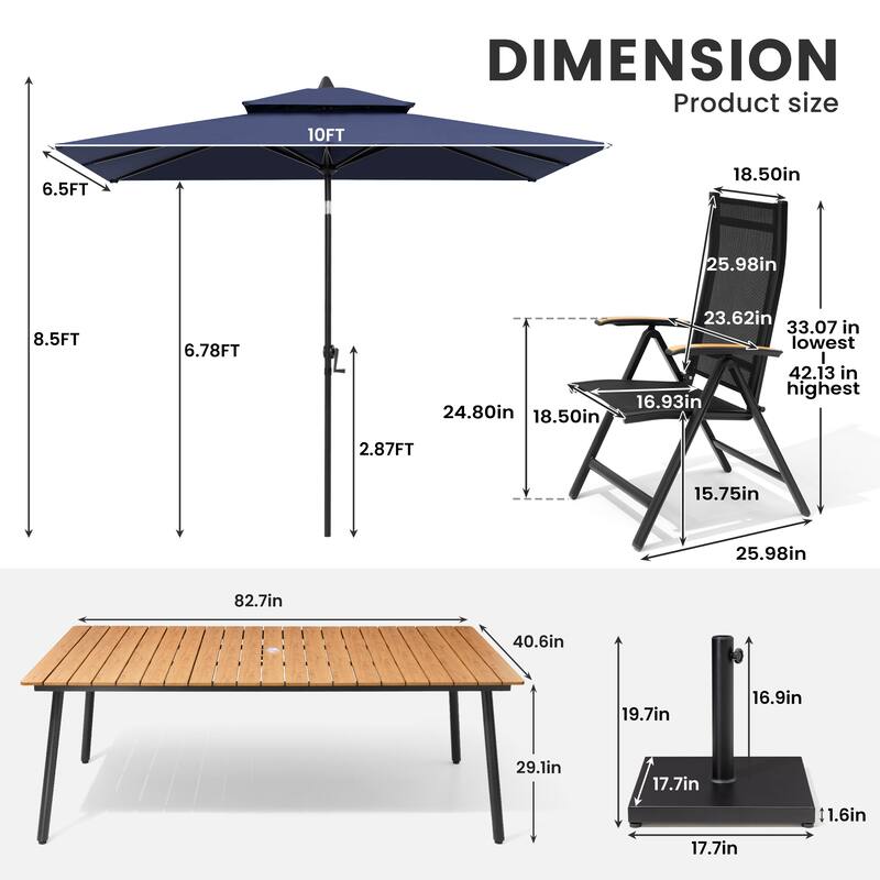 9/11-Piece Outdoor Aluminum Patio Dining Set w/10 ft Umbrella and Base, Rectangle Table and Folding Chairs