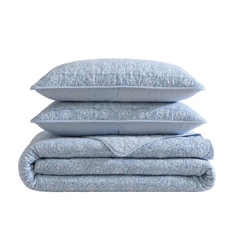 Nautica Floral Park Intricate Floral Motif Cotton Reversible Quilt (Blue, 3 Piece Set)