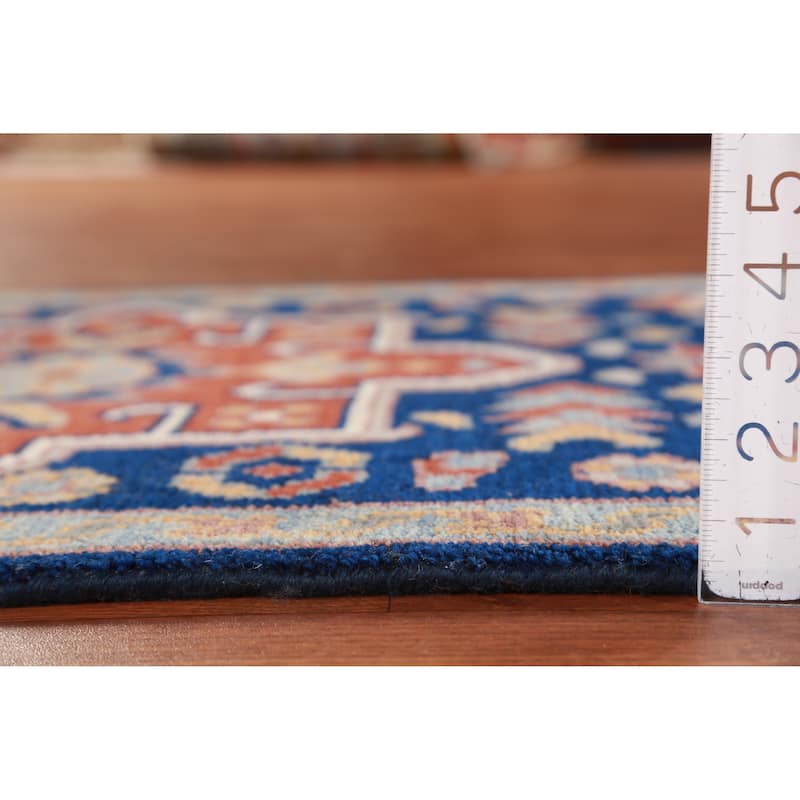 Hand Knotted Oriental 100% Wool Carpet Traditional Geometric Navy Blue & Blues Kazak Runner Rug - 7' 9'' X 2' 7''