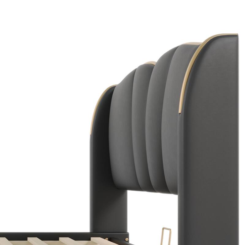 Modern King Size Upholstered Bed Frame with Wingback Headboard & Wavy Footboard, No Box Spring Needed, Black