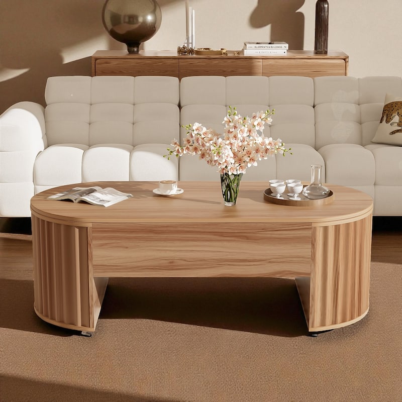 47.2'' Modern Oval Lift-Top Coffee Table with Hidden Storage Compartment, Wooden Center Table for Living Room - Light Brown