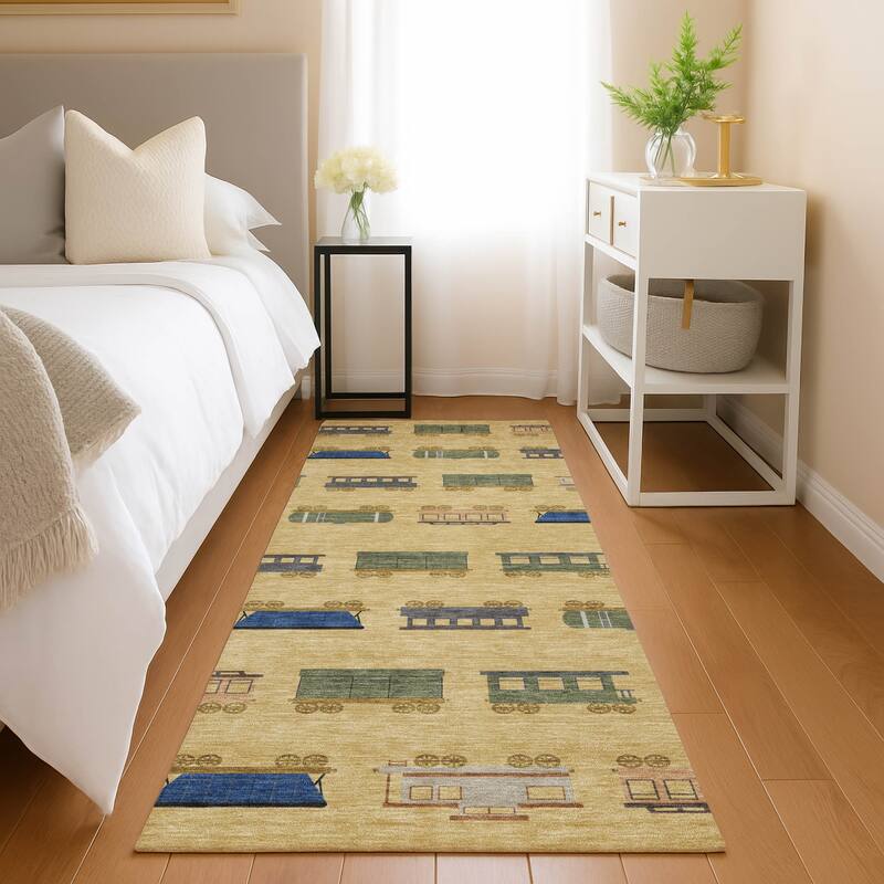Machine Washable Indoor/ Outdoor Modern Train Chantille Rug