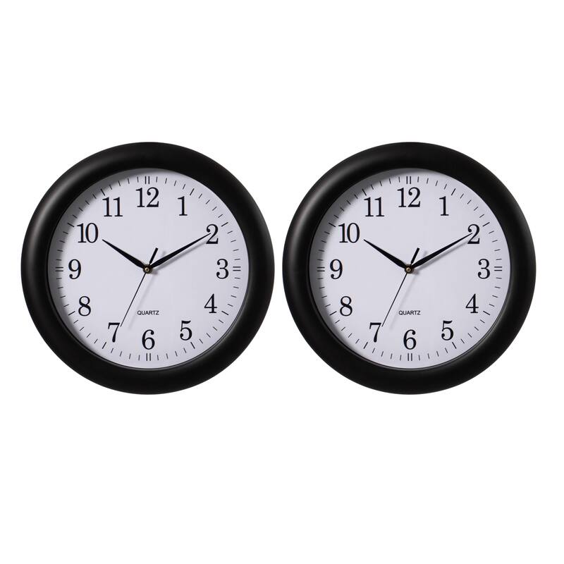 13.75 Inch Plastic Round Battery Operated Simple Modern Wall Clock - Office, Class Room, Livingroom, Dining Room, Bedroom - Set Of 2 - Black