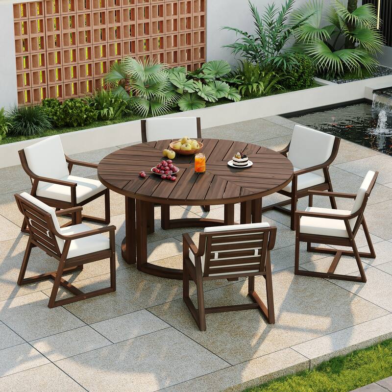 Round Patio Dining Table Set for 6 with Umbrella Hole Durable Acacia Wood Outdoor Furniture