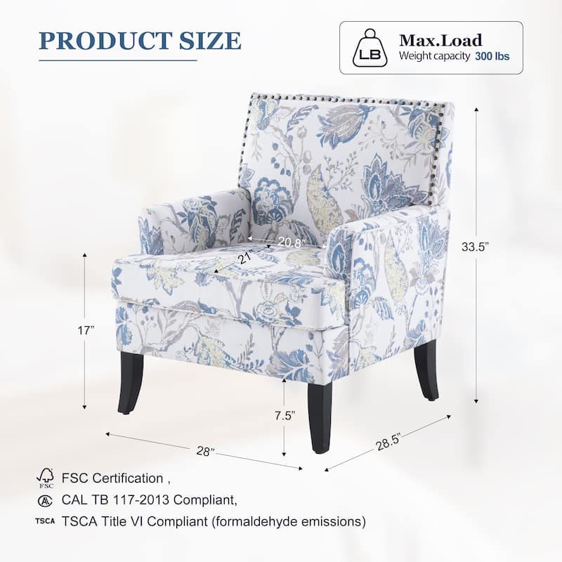 Club Chair Linen Upholstered Accent Armchair with Nailhead Trim and Wood Legs, Rivets design