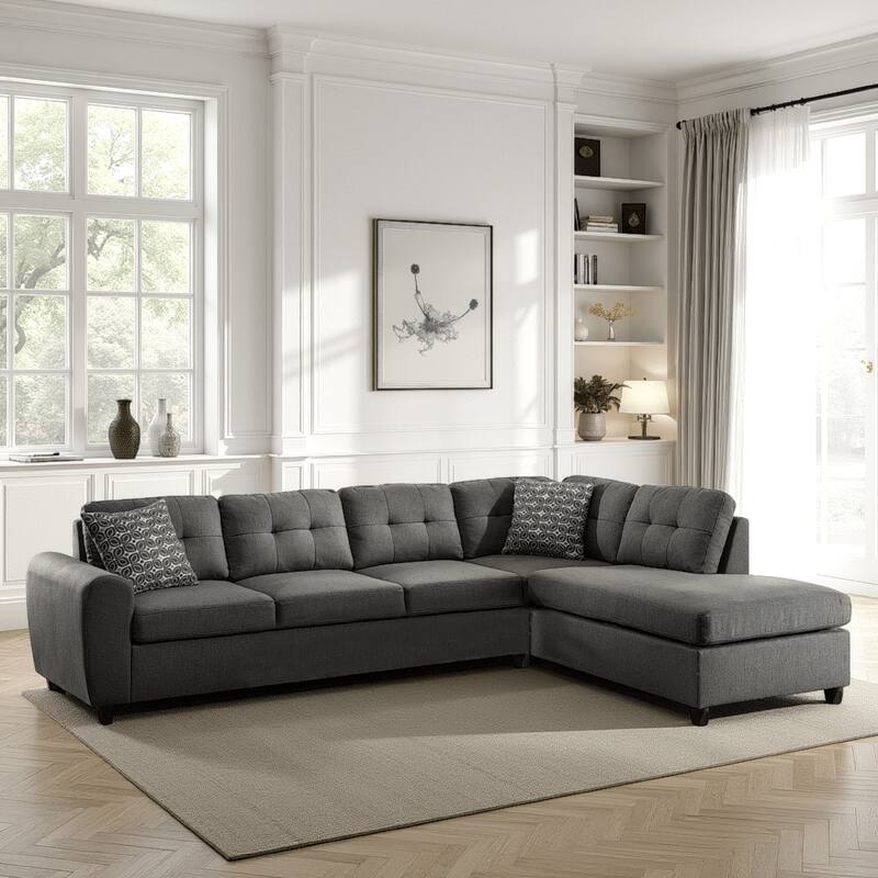 Fabric upholstered Tufted 2 Piece Sectional Sofa with Pillows, Gray
