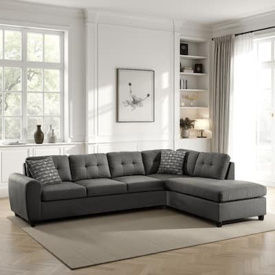 Fabric upholstered Tufted 2 Piece Sectional Sofa with Pillows, Gray