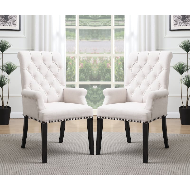 Rolled Back Design Button Tufted Beige Dining Arm Chair with Nailhead Trim