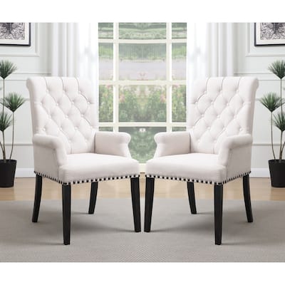 Rolled Back Design Button Tufted Beige Dining Arm Chair with Nailhead Trim