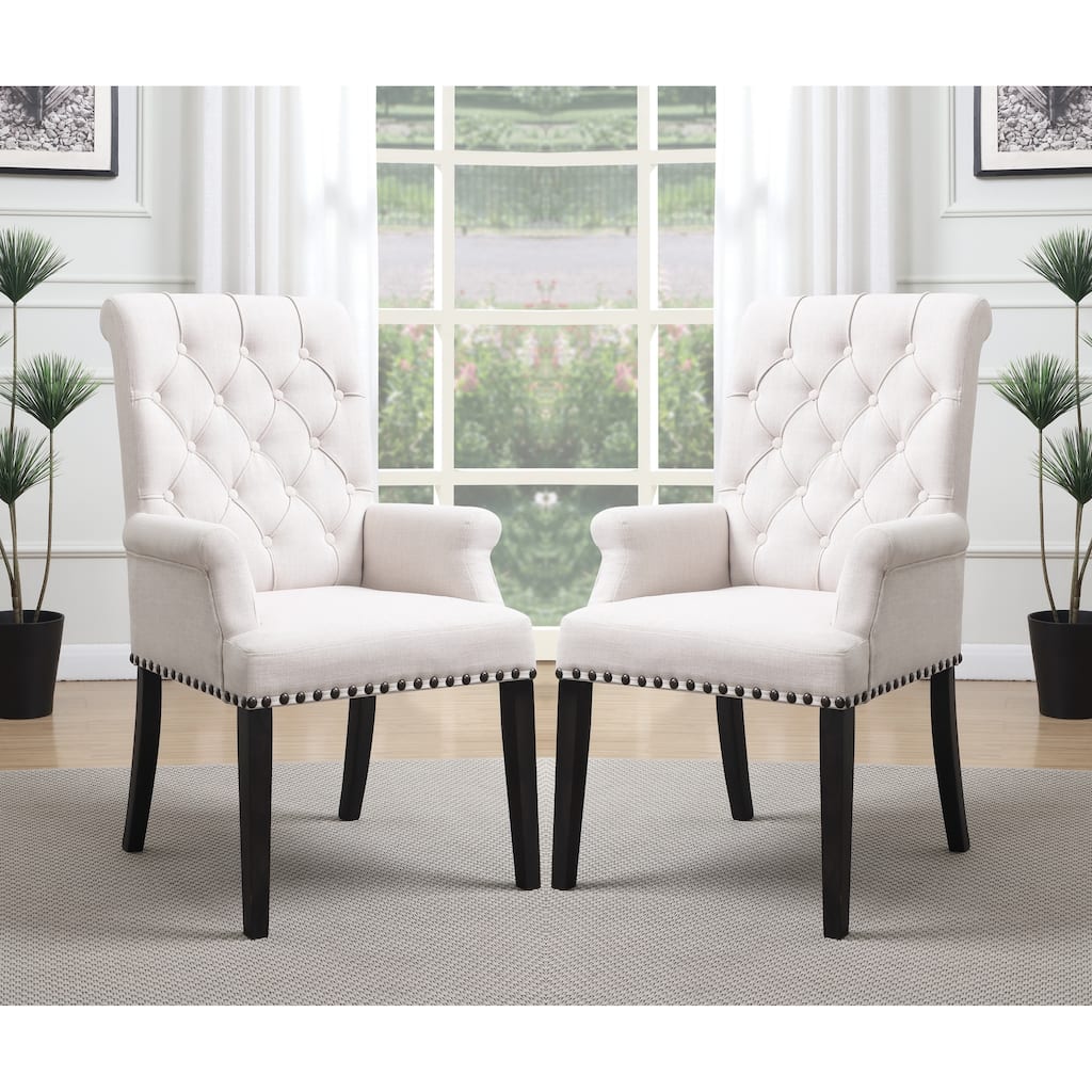Rolled Back Design Button Tufted Beige Dining Arm Chair with Nailhead Trim
