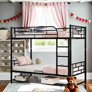 Metal Loft Bed with Storage Space and Ladder, Twin Over Twin