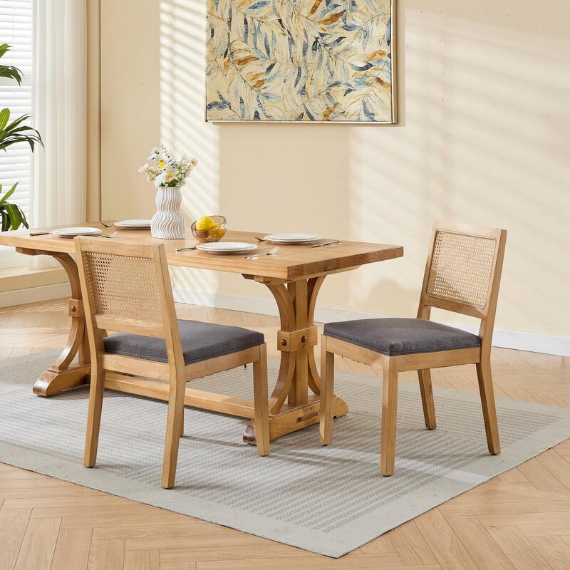 Farmhouse 2 Piece Linen Solid Wood Dining Chair with Mesh Rattan Backrest, Cushioned for Dining Room Kitchen Bedroom Living Room