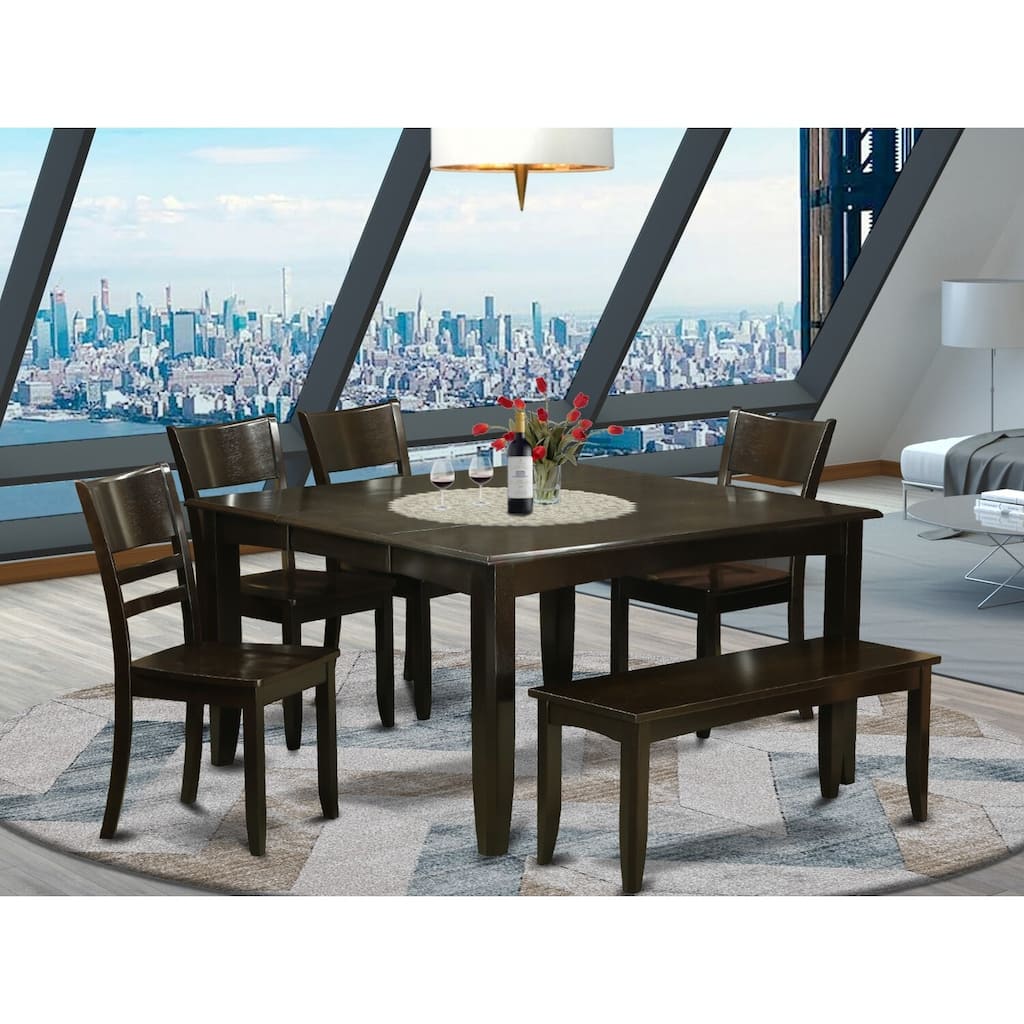 HomeStock 6-Piece Square Cappuccino Finish Solid Wood Top dining Table with 1-Bench and 4-Chairs with Lattice Back