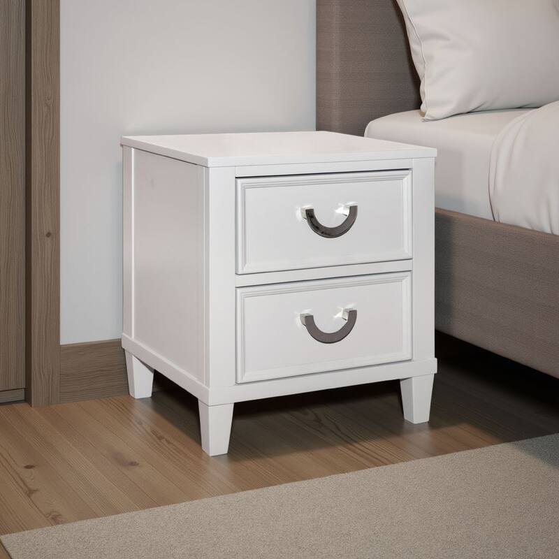 Kiki Nightstand with 2 Drawers, Chrome Metal, White Wood