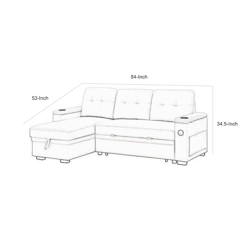 Lna 84 Inch Sectional Sofa, Pull Out Bed, Storage Chaise, USB, Light Gray