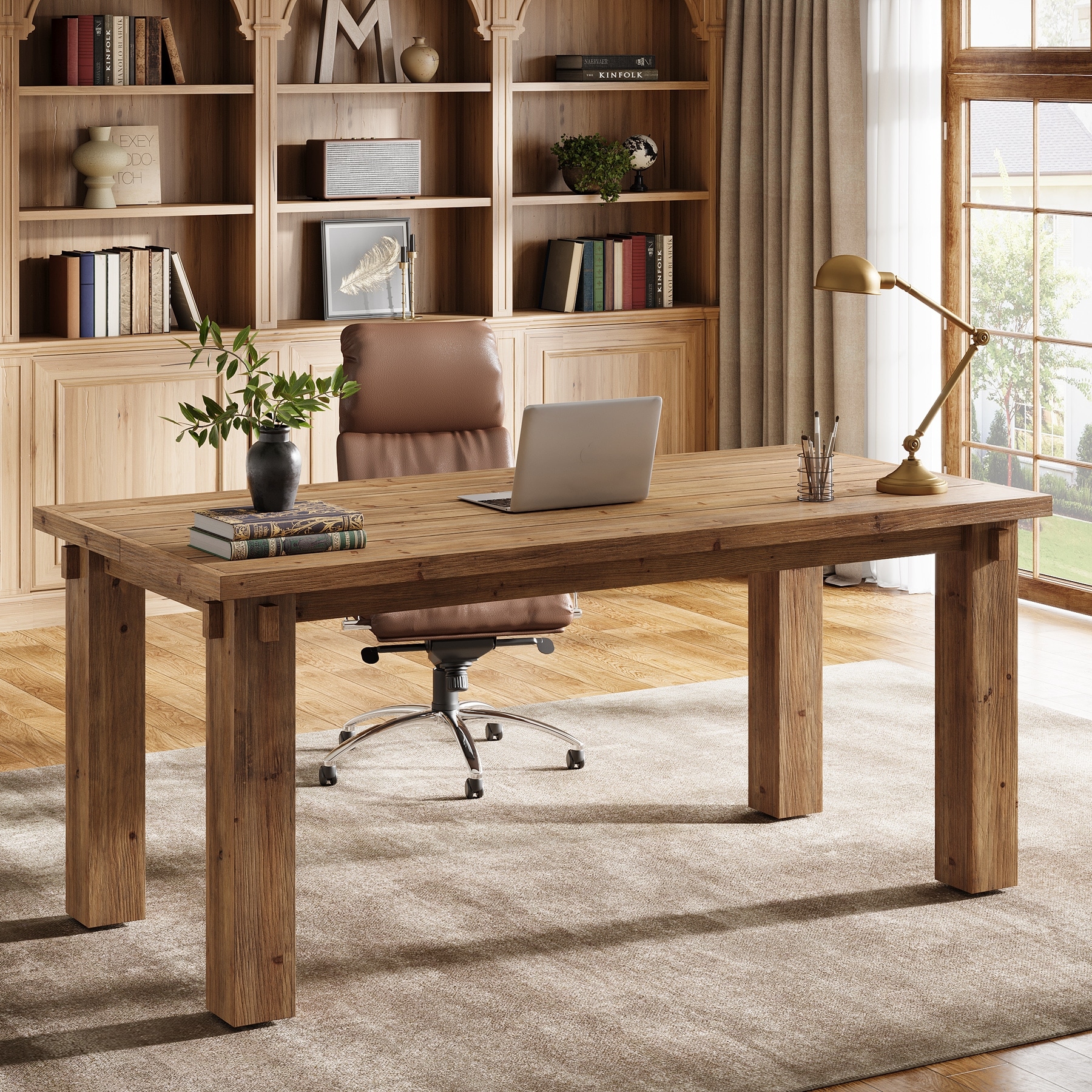 63" Solid Wood Office Computer Desk, Large Farmhouse Writing Desk, Executive Desk for Home Office