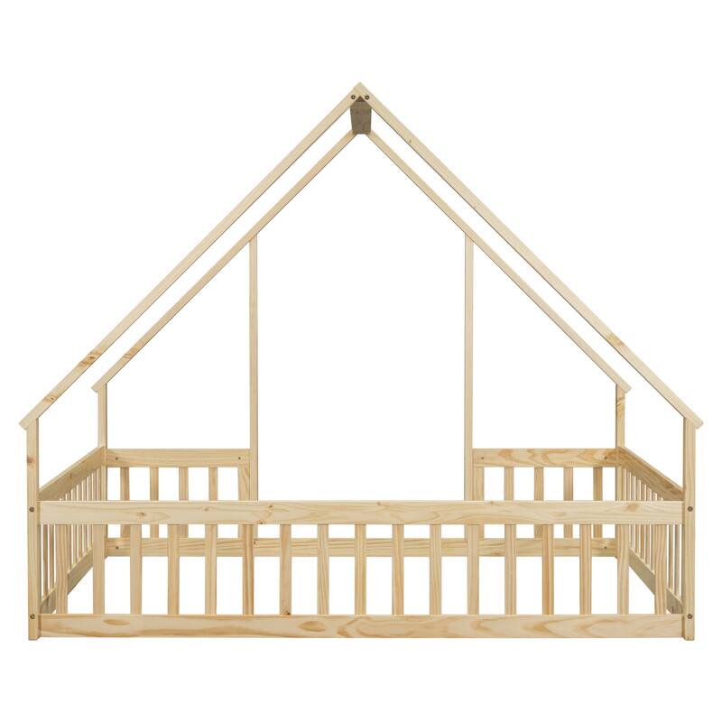 Full Size Pine House-Shaped Floor Bed with Roof & Guardrails